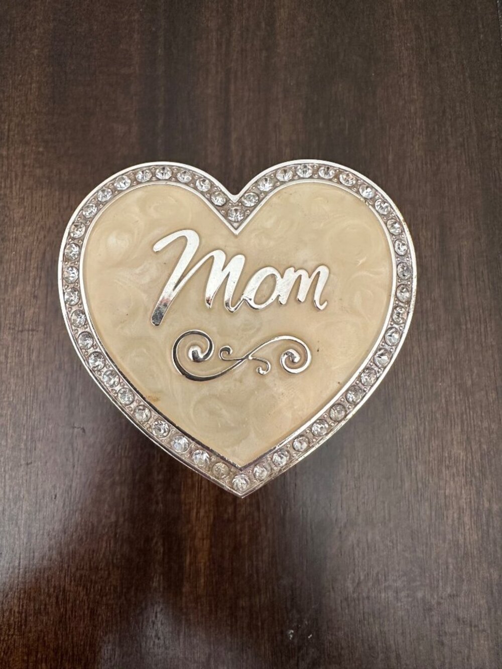 Heart-Shaped Jewelry Keepsake Box  "Mom" Design & Rhinestone Border Silvertone
